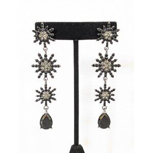 Gothic Black Rhinestone Starburst Flower Long Dangle Earrings Evening